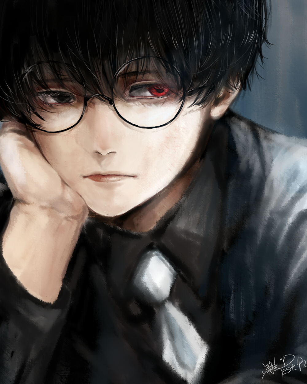 1boy, black_eyes, black_hair, black_reaper, black_shirt, black_suit, collared_shirt, glasses