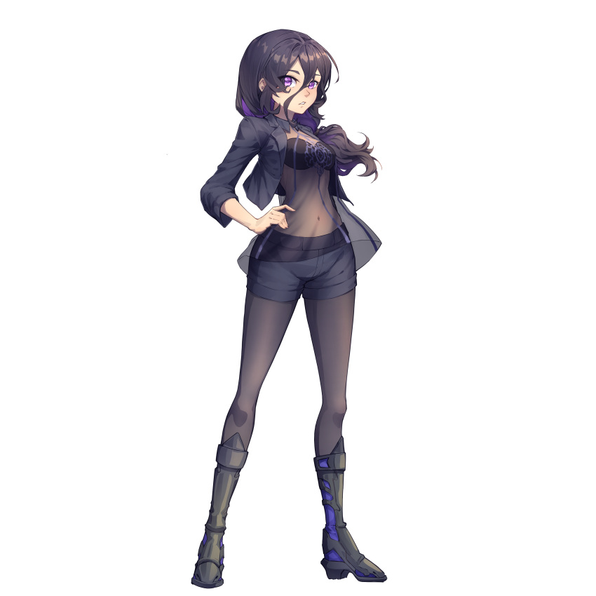 1girl, absurdres, boots, bra_visible_through_clothes, collared_shirt, commission, commissioner_upload, covered_navel, digimon, elbow_sleeve, eyelashes, full_body, hand_on_own_hip, high_heel_boots, high_heels, highres, jacket, kiauwrenn, lily_(araka101), long_bangs, long_hair, looking_at_viewer, multicolored_hair, non-web_source, open_clothes, open_jacket, open_mouth, original, pantyhose, petite, ponytail, purple_hair, see-through_clothes, see-through_shirt, shirt, shorts, thighs, transparent_background, two-tone_hair, violet_eyes