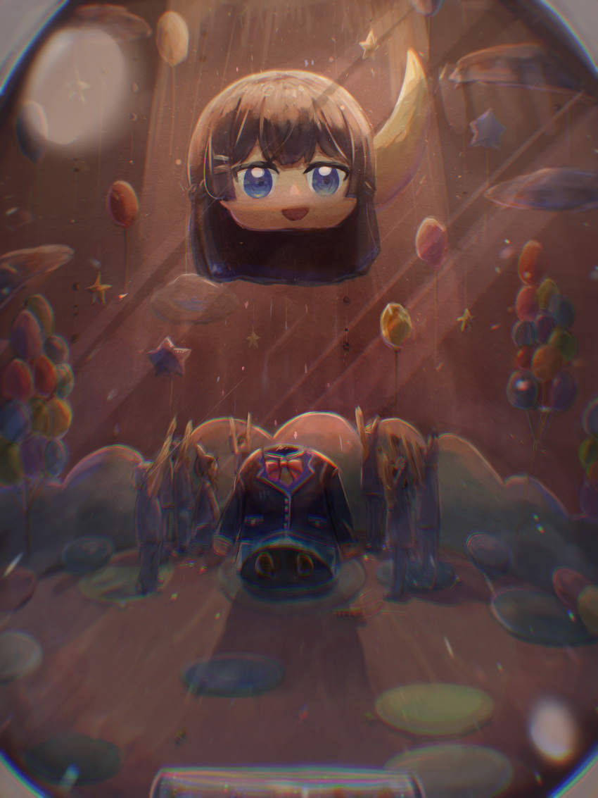 6+others, :d, arms_up, asuka-halhal, balloon, big_head, black_hair, black_jacket