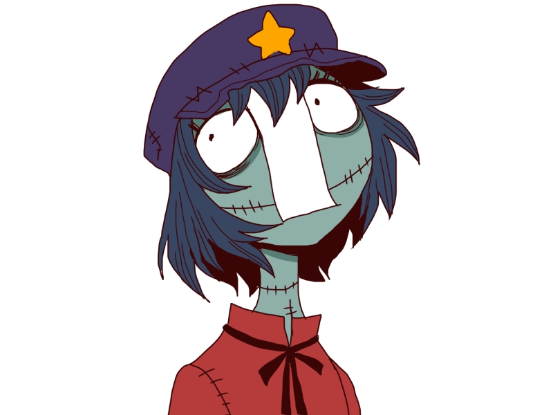 1girl, bags_under_eyes, black_eyes, black_ribbon, blue_hair, closed_mouth, commentary_request, constricted_pupils, hat, hat_ornament, jiangshi, looking_at_viewer, miyako_yoshika, neck_ribbon, newsboy_cap, ofuda, onikobe_rin, parody, purple_hat, red_shirt, ribbon, shirt, simple_background, smile, solo, star_(symbol), star_hat_ornament, style_parody, the_nightmare_before_christmas, tim_burton_(style), touhou, upper_body, white_background