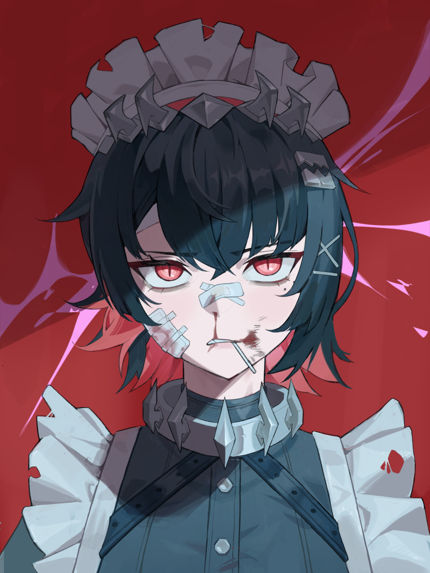 1girl, absurdres, apron, bandage_on_cheek, bandage_on_nose, black_dress, black_hair, blood, dress, ellen_joe, highres, hijuk, lollipop_in_mouth, looking_at_viewer, maid_headdress, mole, mole_under_eye, multicolored_hair, nosebleed, red_background, red_eyes, red_hair, shark_girl, slit_pupils, solo, two-tone_hair, white_apron, zenless_zone_zero