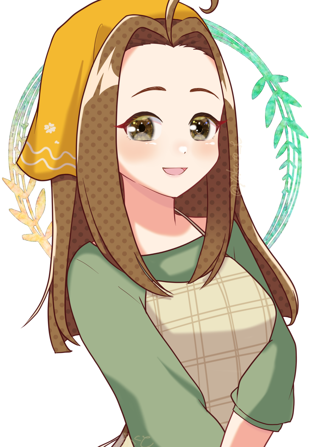 1girl, ahoge, apron, bokujou_monogatari, bokujou_monogatari:_wonderful_life, brown_apron, brown_eyes, brown_hair