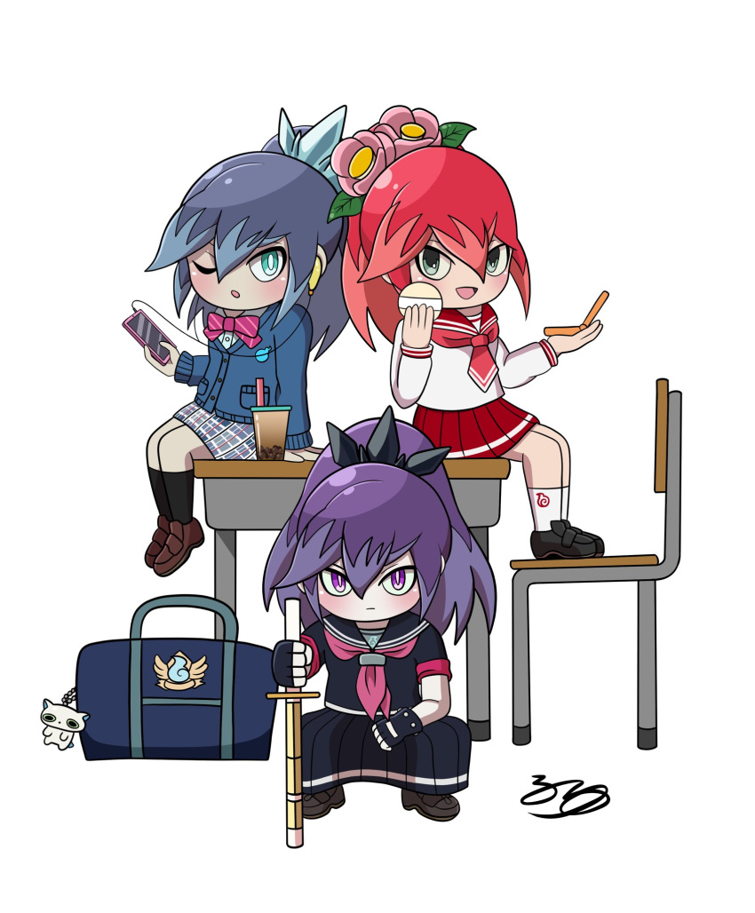 3girls, bag, black_gloves, black_skirt, black_socks, blue_eyes, blue_hair, blue_jacket, boots, brown_boots, fingerless_gloves, flower, fubukihime, gloves, green_eyes, hair_flower, hair_ornament, highres, hyakkihime, jacket, koisuru_fubukihime, long_hair, looking_at_viewer, multiple_girls, official_alternate_costume, open_mouth, pink_flower, pleated_skirt, purple_hair, red_hair, red_skirt, sailor_tsubakihime, school_bag, school_uniform, signature, simple_background, sitting, skirt, socks, tsubakihime_(youkai_watch), violet_eyes, white_background, yokai_276, youkai_(youkai_watch), youkai_watch