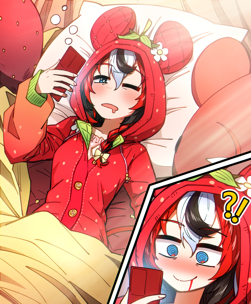!?, 1girl, @_@, animal_ears, black_hair, blue_eyes, bow, character_doll, ddolbang, doll, hair_bow, hakos_baelz, hakos_baelz_(5th_costume), highres, holding, holding_phone, hololive, hololive_english, hood, hood_up, hooded_pajamas, lying, mouse_ears, mouse_girl, mouse_tail, mr._squeaks_(hakos_baelz), multicolored_hair, official_alternate_costume, on_back, on_bed, one_eye_closed, onesie, pajamas, phone, pillow, red_hair, red_pajamas, solo, tail, virtual_youtuber, white_hair, yellow_bow