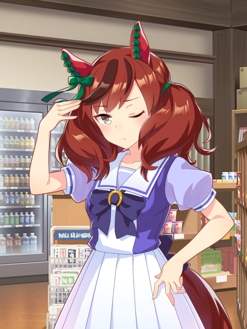 1girl, absurdres, animal_ears, annoyed, artist_request, back_bow, bare_arms, blue_bow, blue_bowtie, blue_shirt, bottle, bow, bowtie, box_stack, breasts, brooch, brown_eyes, brown_hair, closed_mouth, collarbone, cowboy_shot, cowlick, dot_nose, ear_covers, fingernails, frown, furrowed_brow, game_cg, green_bow, hair_bow, hair_over_shoulder, hair_tie, hand_on_own_head, hand_on_own_hip, high-waist_skirt, highres, horse_ears, horse_girl, horse_tail, horseshoe_ornament, indoors, jewelry, juice, light_blush, long_hair, looking_at_viewer, magazine_(object), magazine_rack, multicolored_hair, nice_nature_(umamusume), official_art, one_eye_closed, pleated_skirt, puffy_short_sleeves, puffy_sleeves, ramen, red_hair, refrigerator, sailor_collar, school_uniform, shirt, shop, short_sleeves, skirt, small_breasts, solo, standing, streaked_hair, tail, tracen_school_uniform, tsurime, twintails, two-tone_hair, two-tone_shirt, umamusume, white_sailor_collar, white_shirt, white_skirt