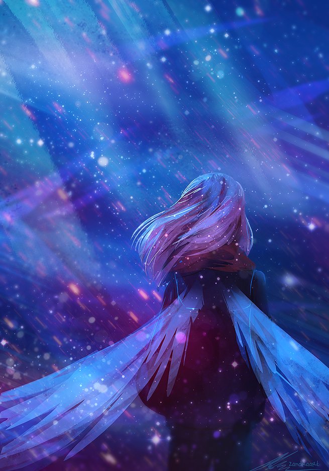 1girl, feathered_wings, from_behind, hair_flowing_over, hood, hood_down, hoodie, light_particles