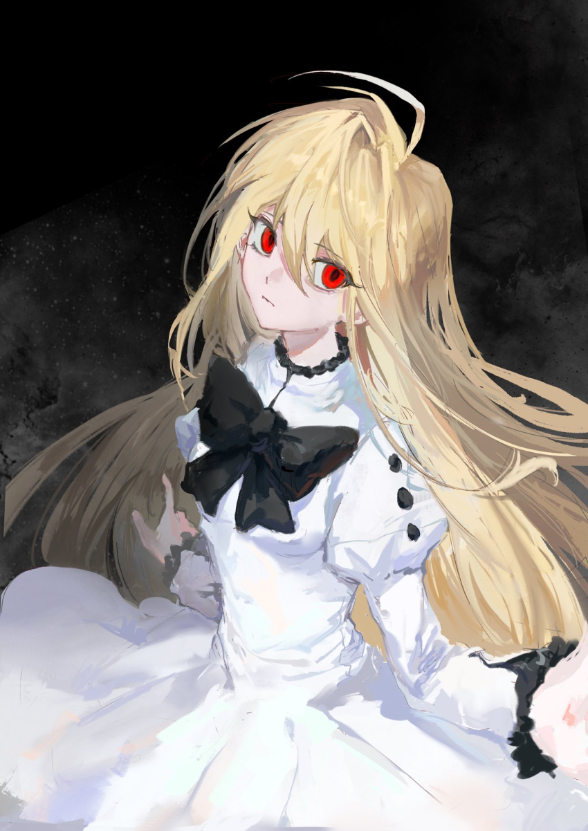 1girl, ahoge, antenna_hair, arcueid_brunestud, black_bow, blonde_hair, bow, bowtie