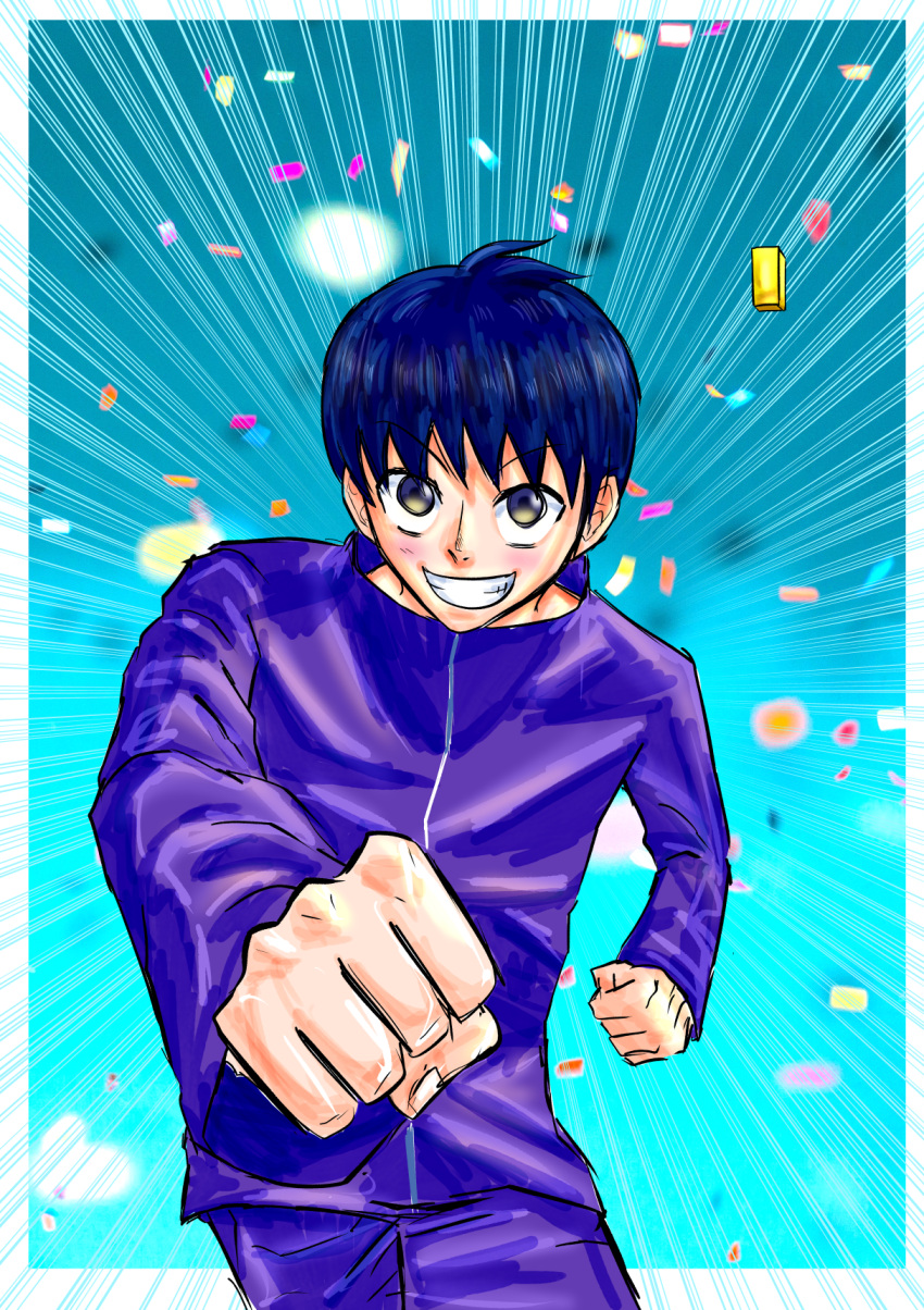 1boy, blu, blue_background, blue_hair, blush, clenched_hand, confetti, cover
