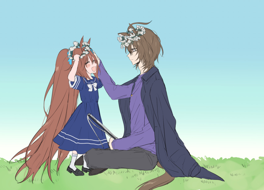 1boy, 1girl, absurdly_long_hair, agnes_tachyon_(umamusume), ahoge, black_coat, black_shoes, blue_dress
