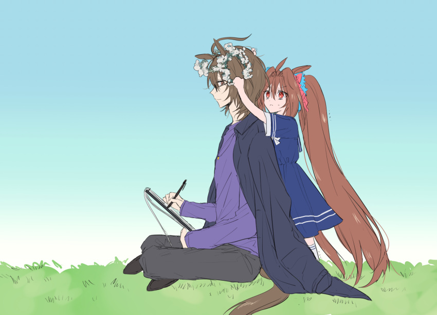 1boy, 1girl, absurdly_long_hair, adapted_costume, agnes_tachyon_(umamusume), animal_ears, black_coat, blue_dress