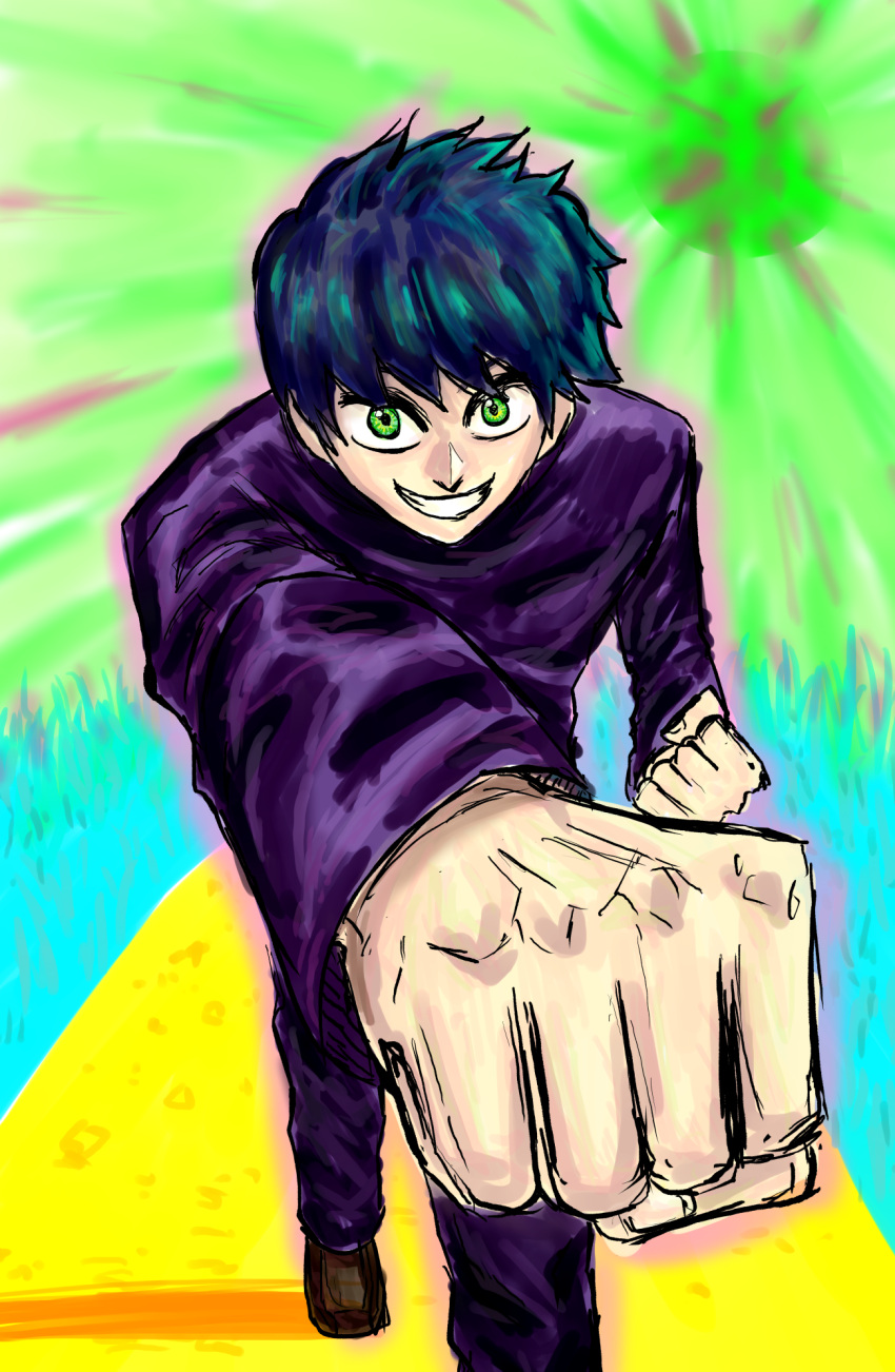 1boy, blu, blue_hair, brown_shoes, clenched_hands, cover, green_eyes, highres