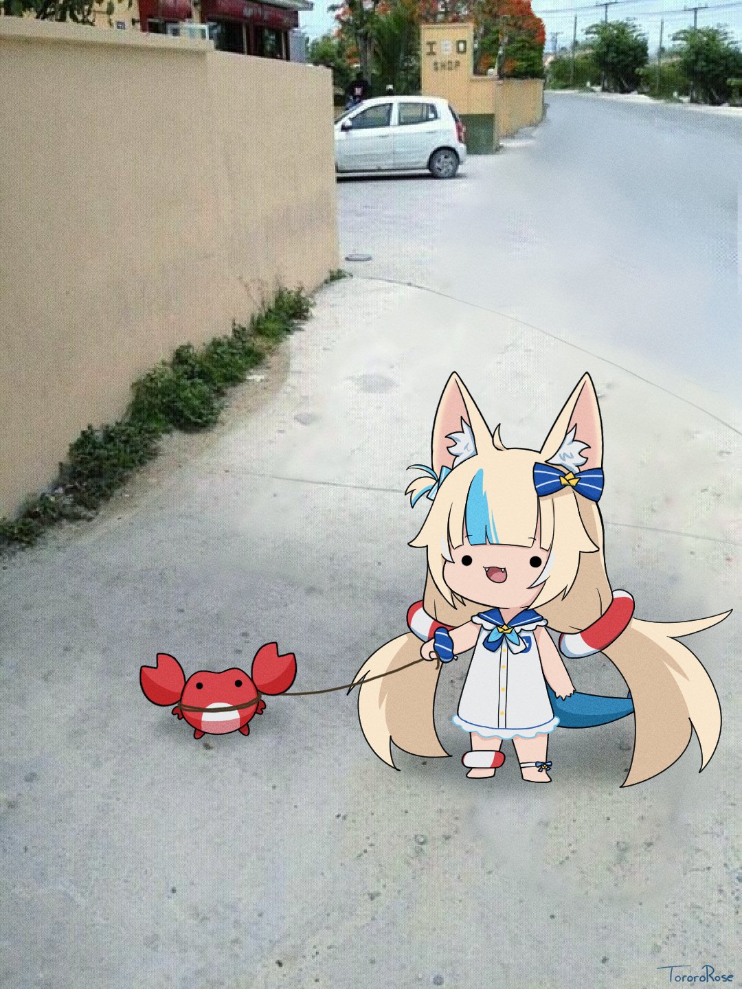 1girl, ahoge, animal_ear_fluff, animal_ears, blonde_hair, blue_hair, cat_ears, crab