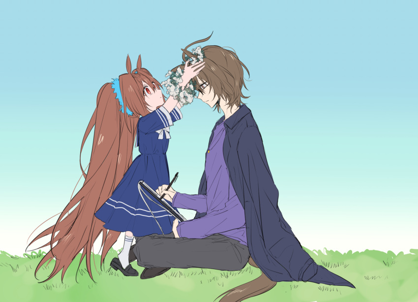 1boy, 1girl, absurdly_long_hair, adapted_costume, agnes_tachyon_(umamusume), ahoge, animal_ears, black_coat