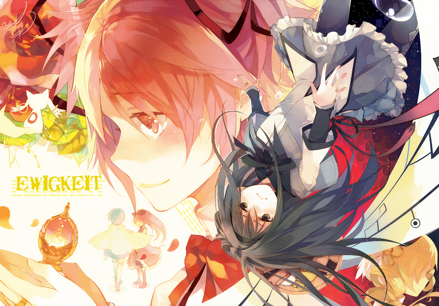 black_hair, blue_hair, blush, brown_eyes, face, hair_over_eyes, kaname_madoka, kyubey