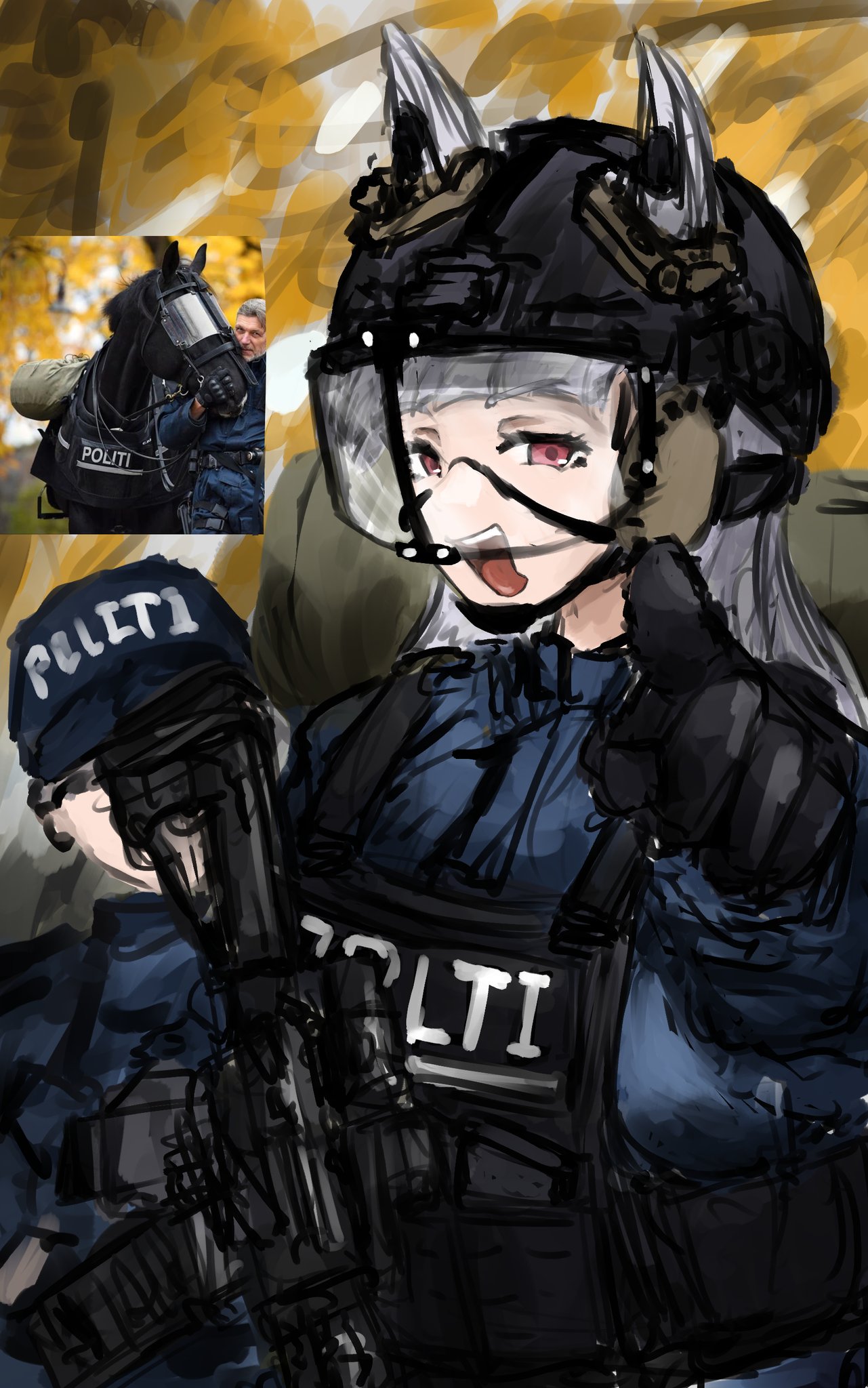 1boy, 1girl, animal_ears, assault_rifle, bdp_lee, black_gloves, black_vest, blue_jacket, commentary, face_shield, gloves, gold_ship_(umamusume), grey_hair, gun, helmet, highres, horse_ears, horse_girl, jacket, load_bearing_vest, open_mouth, photo-referenced, photo_inset, pointing, pointing_at_viewer, police, police_uniform, red_eyes, rifle, riot_police, tactical_clothes, tongue, tongue_out, umamusume, vest, weapon