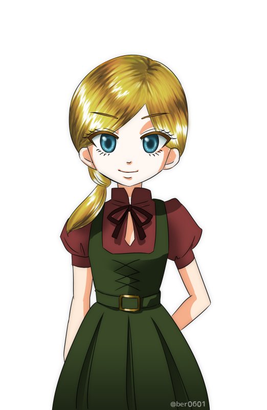 1girl, berl_and_the_candy_house, blonde_hair, blue_eyes, dress, giggle_game, green_dress, hand_on_own_hip