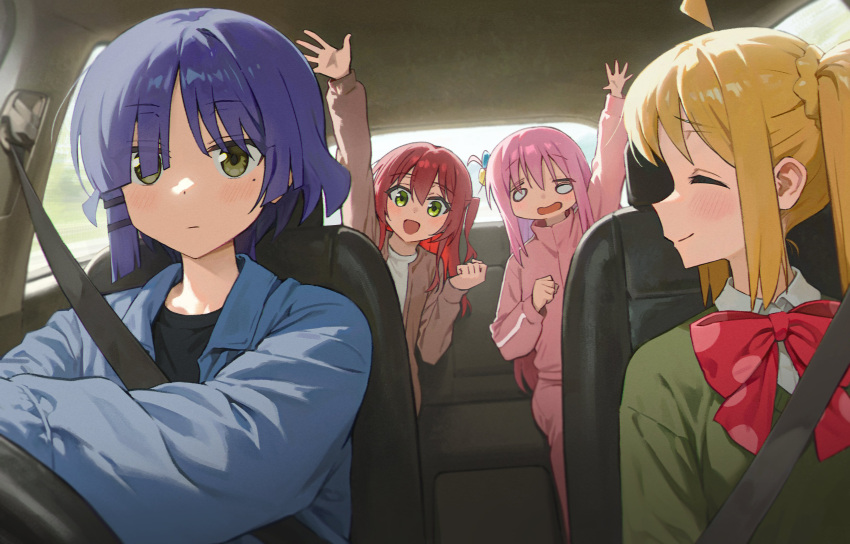 absurdres, blonde_hair, blue_hair, blue_shirt, bocchi_the_rock!, brown_shirt, driving, gotoh_hitori