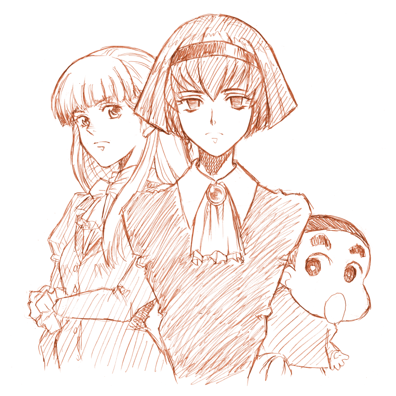 1boy, 2girls, android, bob_cut, bow, brooch, crayon_shin-chan, expressionless