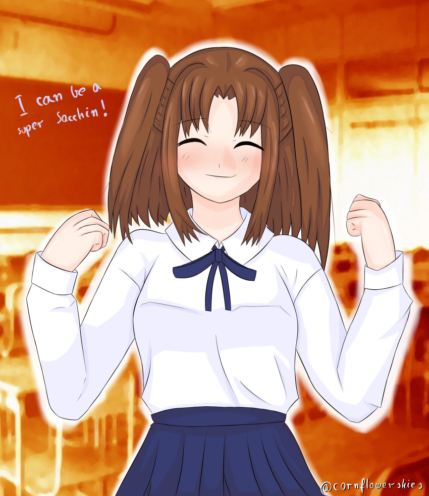 1girl, absurdres, artist_name, blue_skirt, blush, brown_hair, closed_eyes, cornflowerskies, english_text, game_screenshot_background, highres, long_sleeves, looking_at_viewer, pleated_skirt, ribbon, school, school_uniform, screenshot_background, shirt, short_hair, skirt, smile, solo, takeuchi_takashi_(style), talking, tsukihime, twintails, two_side_up, yumizuka_satsuki