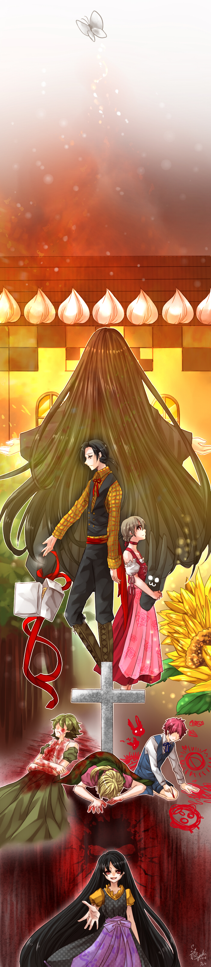 3boys, 4girls, absurdres, berl_(berl_and_the_candy_house), berl_and_the_candy_house, black_hair, blonde_hair, blood, braid, braided_bun, brother_and_sister, choker, cross, dirndl, dress, dual_persona, fire, flower, german_clothes, hair_bun, hans_(berl_and_the_candy_house), hase_(berl_and_the_candy_house), highres, long_hair, margarethe_(berl_and_the_candy_house), multiple_boys, multiple_girls, plaid_clothes, plaid_shirt, ponytail, puffy_short_sleeves, puffy_sleeves, qiyi-chi, rezia_(berl_and_the_candy_house), shirt, short_hair, short_ponytail, short_sleeves, siblings, smile, stuffed_animal, stuffed_rabbit, stuffed_toy, sunflower, tall_image, twins