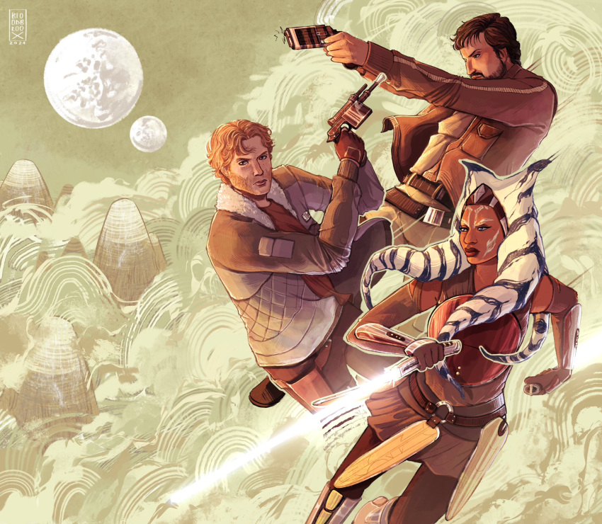 1girl, 2boys, ahsoka_tano, alexandr_kallus, alien, blonde_hair, bloodbroox, brown_gloves, brown_hair, brown_jacket, brown_pants, cassian_andor, dark-skinned_female, dark_skin, dual_wielding, energy_sword, gloves, highres, holding, holding_sword, holding_weapon, jacket, lightsaber, moon, multiple_boys, open_clothes, open_jacket, pants, star_wars, sword, togruta, weapon, white_lightsaber