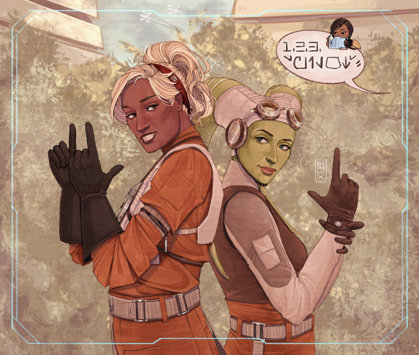 2girls, alien, aurebesh, back-to-back, bloodbroox, brown_gloves, colored_skin, dark-skinned_female