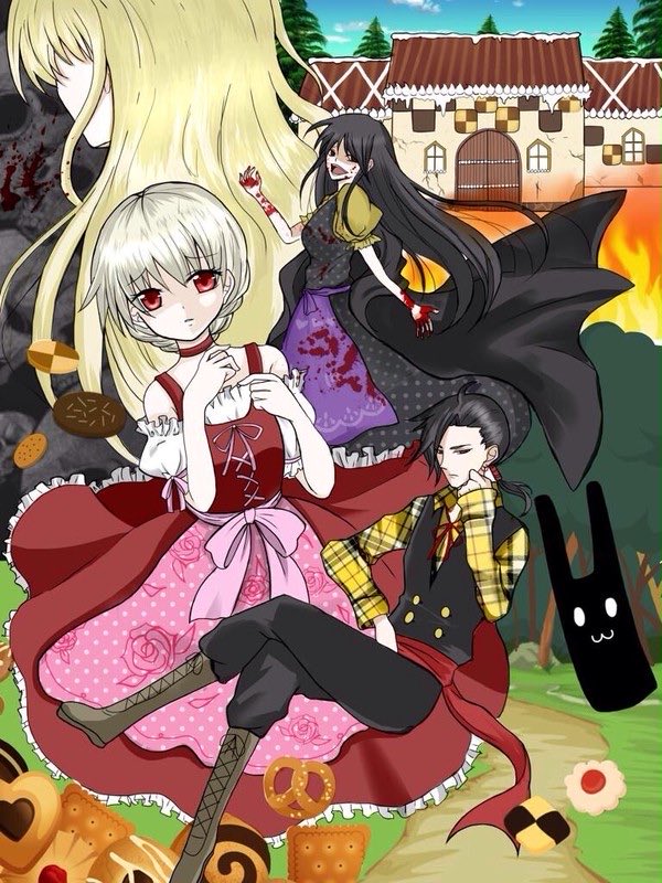 2boys, 3girls, berl_(berl_and_the_candy_house), berl_and_the_candy_house, black_hair, blonde_hair, braid, braided_bun, brother_and_sister, checkerboard_cookie, choker, cookie, dirndl, dress, earrings, fire, food, german_clothes, hair_bun, hans_(berl_and_the_candy_house), hase_(berl_and_the_candy_house), jewelry, long_hair, margarethe_(berl_and_the_candy_house), maria_magdalene_(berl_and_the_candy_house), mother_and_daughter, mother_and_son, multiple_boys, multiple_girls, plaid_clothes, plaid_shirt, ponytail, puffy_short_sleeves, puffy_sleeves, red_choker, red_eyes, shirt, short_hair, short_ponytail, short_sleeves, siblings, single_earring, smile, stuffed_animal, stuffed_rabbit, stuffed_toy, twins