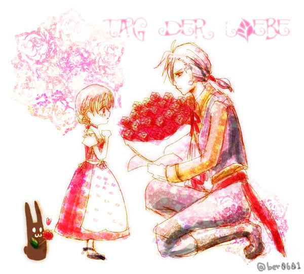 1girl, 2boys, berl_(berl_and_the_candy_house), berl_and_the_candy_house, black_hair, blonde_hair, bouquet, braid