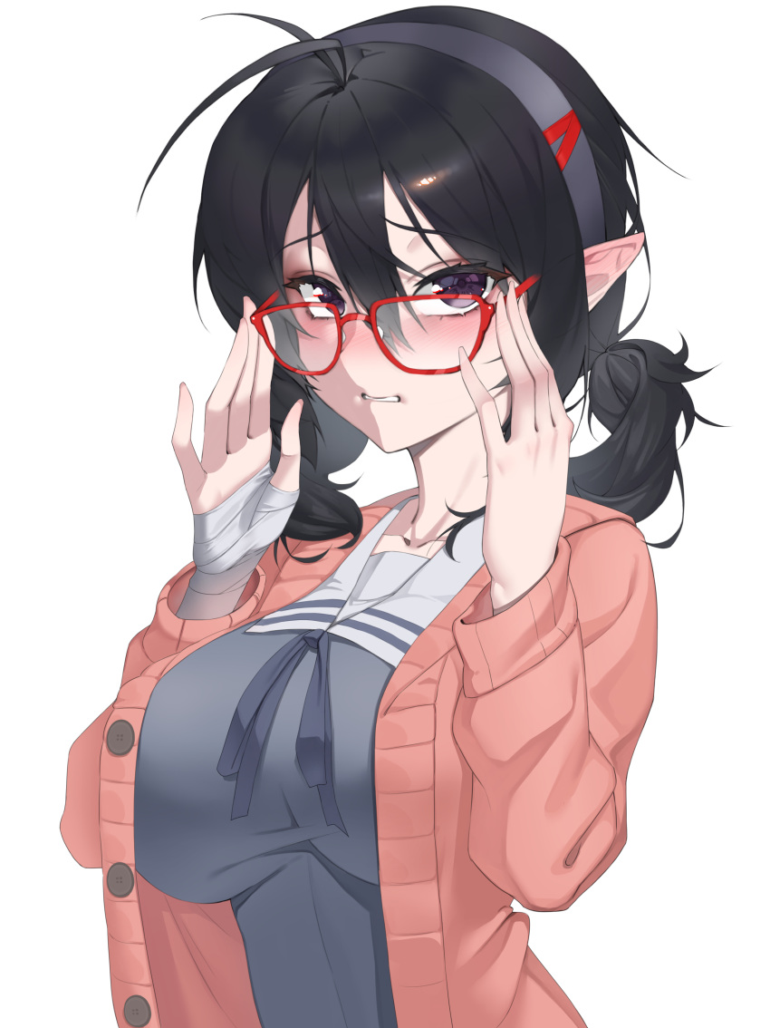 1girl, absurdres, adjusting_eyewear, antenna_hair, bandaged_arm, bandages, blush, breasts, brown_dust_(series), brown_dust_2, clenched_teeth, contemporary, ear_blush, elf, embarrassed, from_side, full-face_blush, glasses, highres, kiji_711, large_breasts, loen_(brown_dust_2), medium_hair, open_mouth, pink_sweater, pointy_ears, purple_hair, school_uniform, serafuku, short_twintails, solo, sweater, teeth, twintails, upper_body, violet_eyes