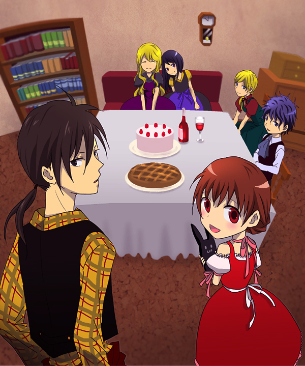 3boys, 4girls, alcohol, apple_pie, berl_(berl_and_the_candy_house), berl_and_the_candy_house, black_hair, blonde_hair