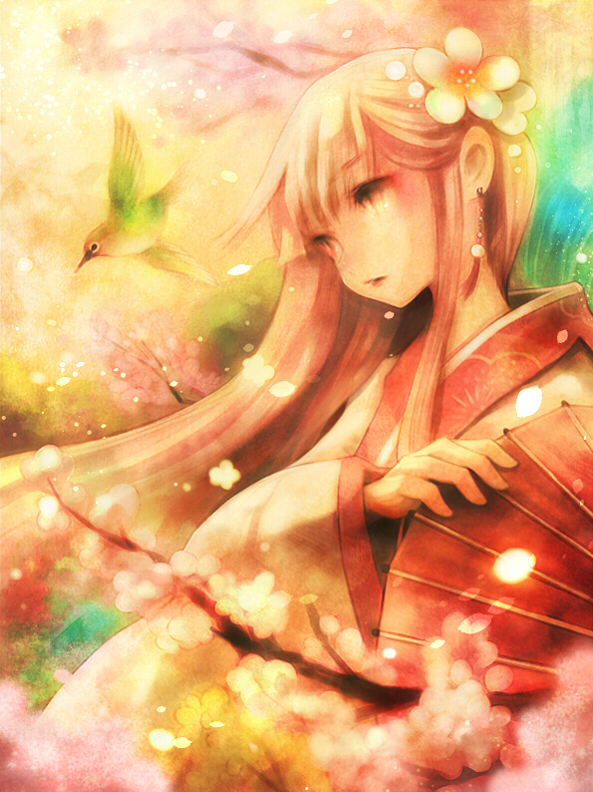 branch, cherry_blossoms, earrings, fan, flower, flower_on_head, hair_flower, hair_ornament