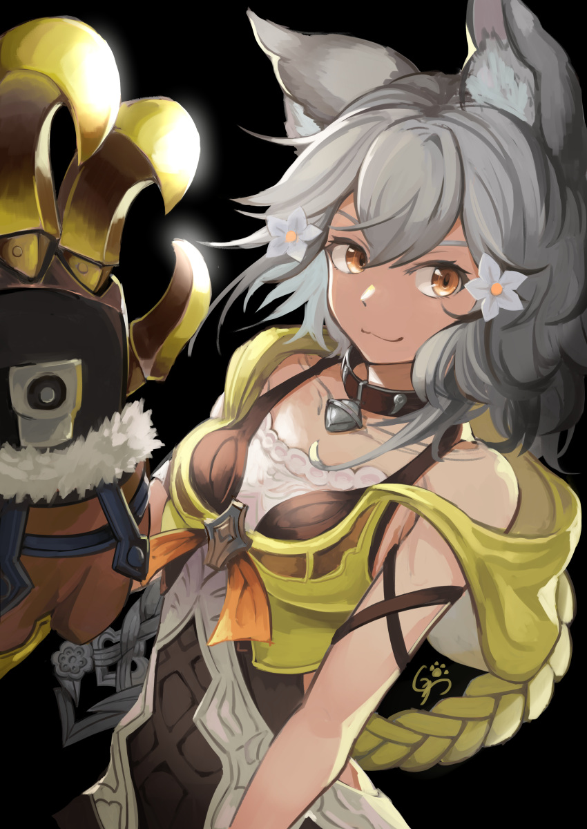 1girl, absurdres, animal_ear_fluff, black_background, brown_eyes, claw_(weapon), collar, collarbone