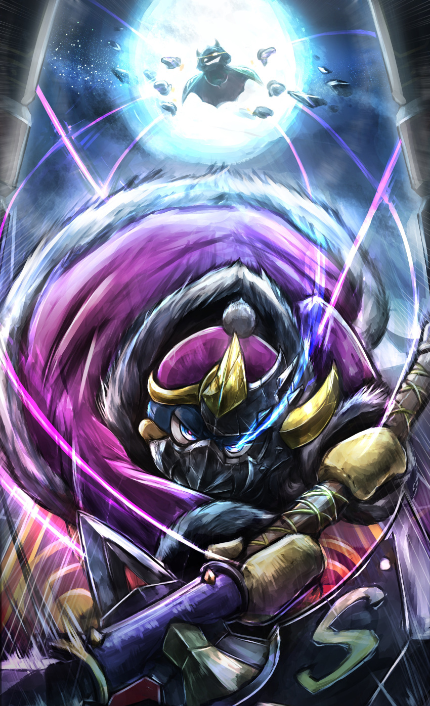 absurdres, broken_mask, commentary_request, eye_trail, floating, full_moon, gomikerasu, hat