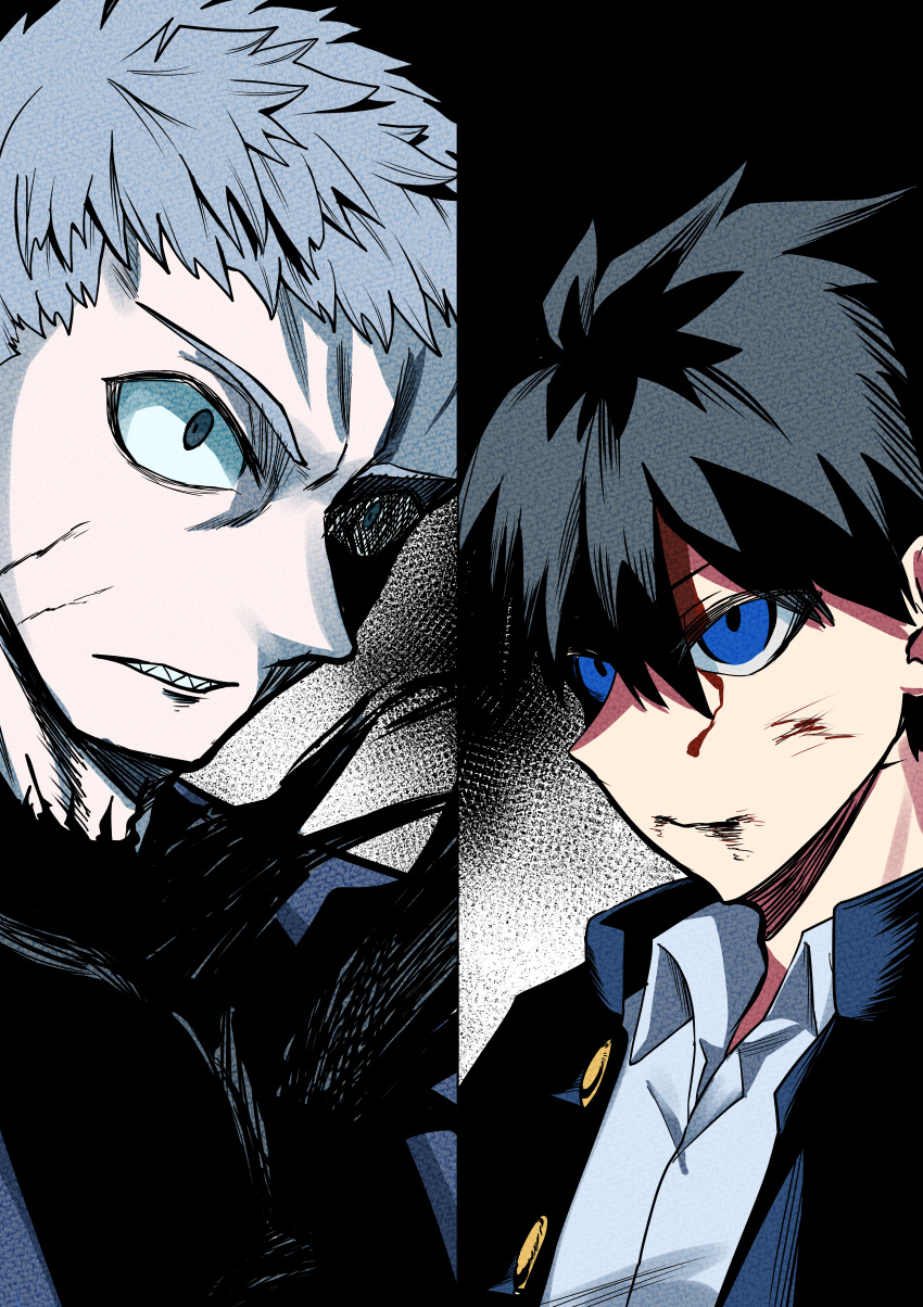 2boys, absurdres, angry, battle, battle_damage, black_hair, blood, blood_on_face