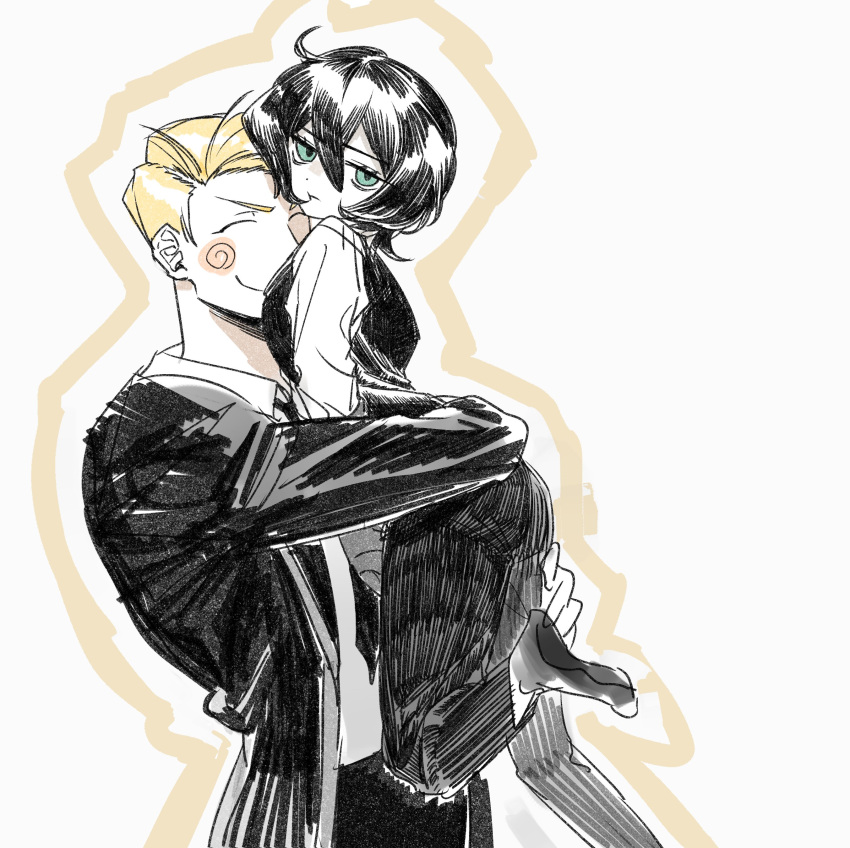 1boy, 1girl, absurdres, black_coat, black_hair, black_vest, blonde_hair, bob_cut, carrying, carrying_person, closed_eyes, closed_mouth, coat, cosplay, costume_switch, don_quixote_(project_moon), expressionless, green_eyes, hair_color_switch, highres, hug, jitome, lcb_uniform_(project_moon), limbus_company, meurdon, meursault_(project_moon), necktie, open_clothes, open_coat, pants, personality_switch, project_moon, shirt, short_hair, smile, vest, white_background, white_shirt