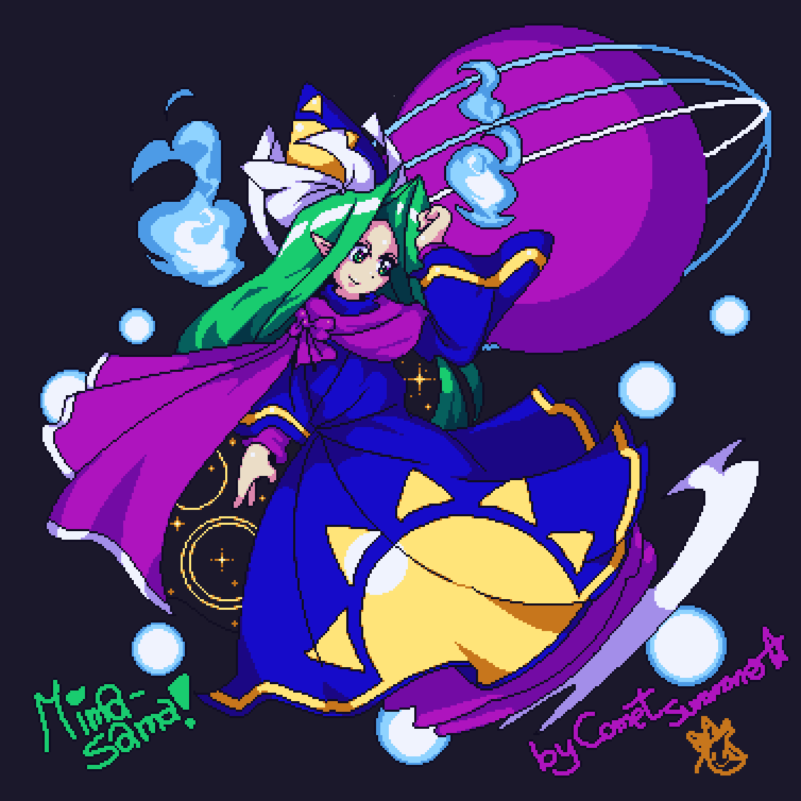 1girl, artist_name, blue_fire, bow, capelet, character_name, comet_summoner98, fire