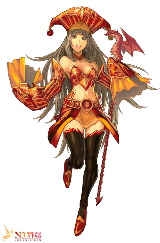 blue_eyes, breasts, character_request, cleavage, dress, grey_hair, hat, jester_cap, krenz, long_hair, midriff, navel, ninety-nine_nights, official_art, open_mouth, orange_dress, sleeves_past_wrists, solo, staff, thigh-highs, thighhighs, zettai_ryouiki