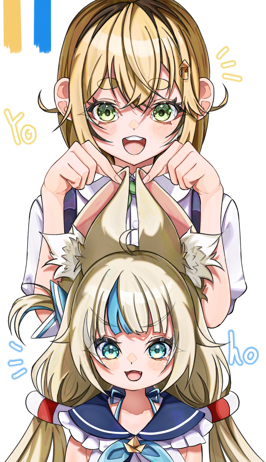 2girls, absurdres, animal_ear_fluff, animal_ears, blonde_hair, blue_eyes, blue_hair, blue_overalls