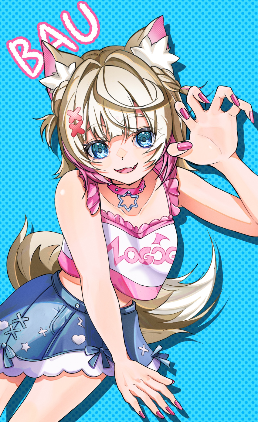 1girl, absurdres, animal_ear_fluff, animal_ears, blue_background, blue_eyes, blue_skirt, claw_pose