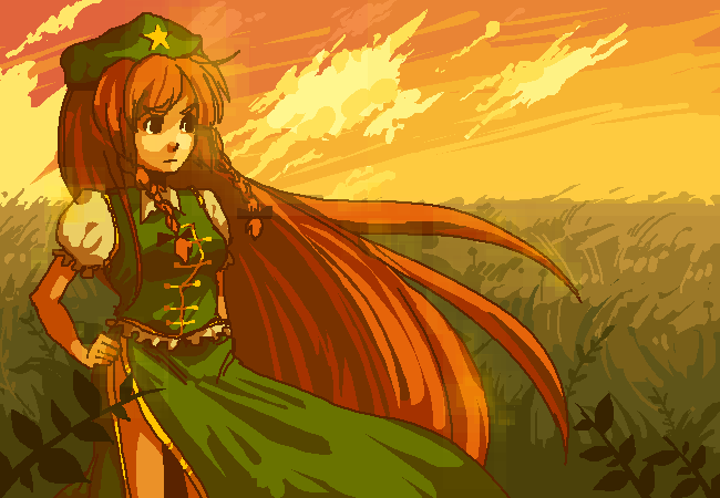 braid, cloud, clouds, dress, grass, green_dress, hand_on_hip, hat
