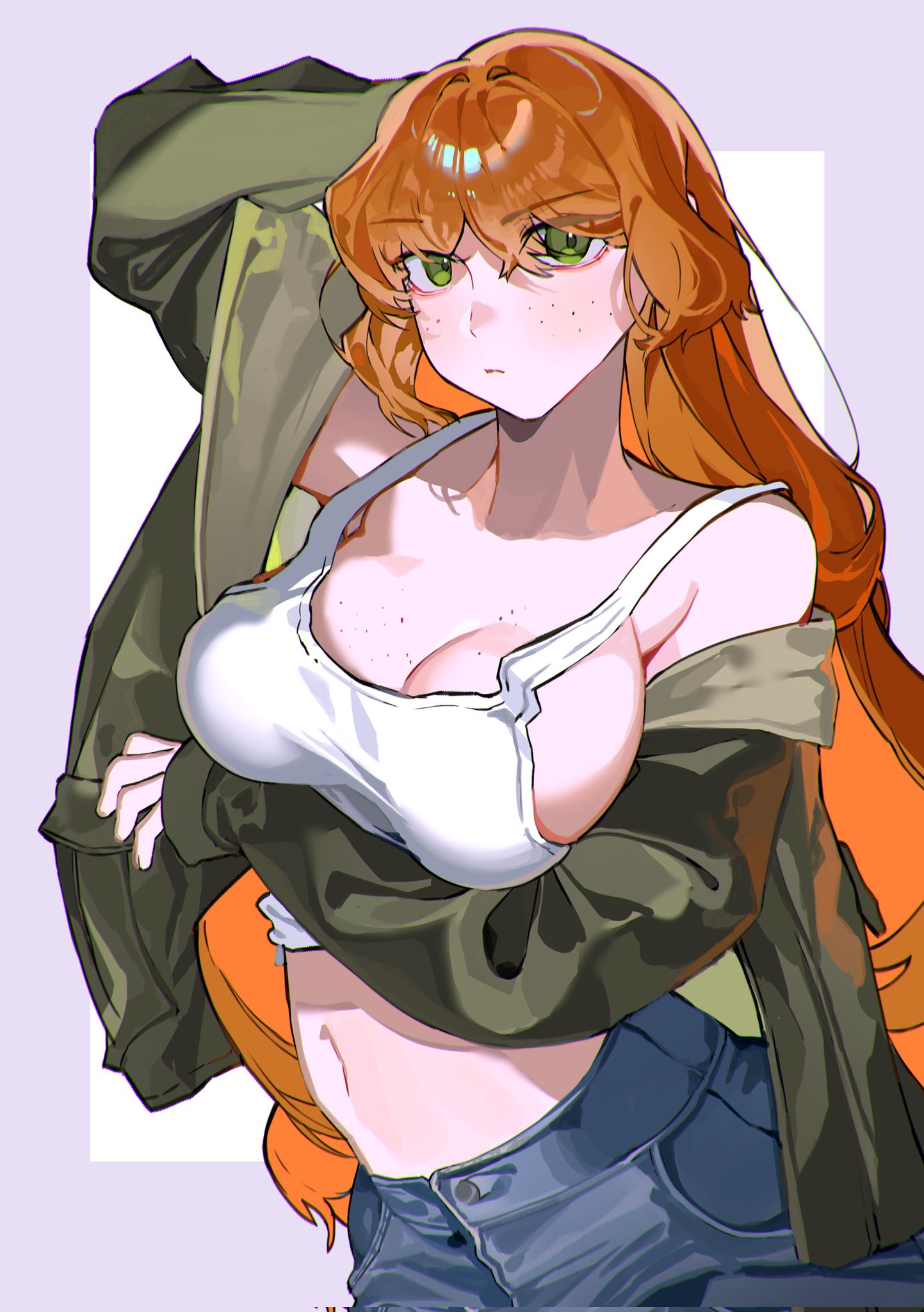 1girl, arm_under_breasts, breasts, denim, denim_shorts, freckles, green_eyes, green_jacket, highres, ishmael_(project_moon), jacket, large_breasts, limbus_company, long_hair, looking_at_viewer, midriff, navel, open_clothes, open_jacket, orange_hair, project_moon, shirt, shorts, t-shirt, very_long_hair, yongsadragon