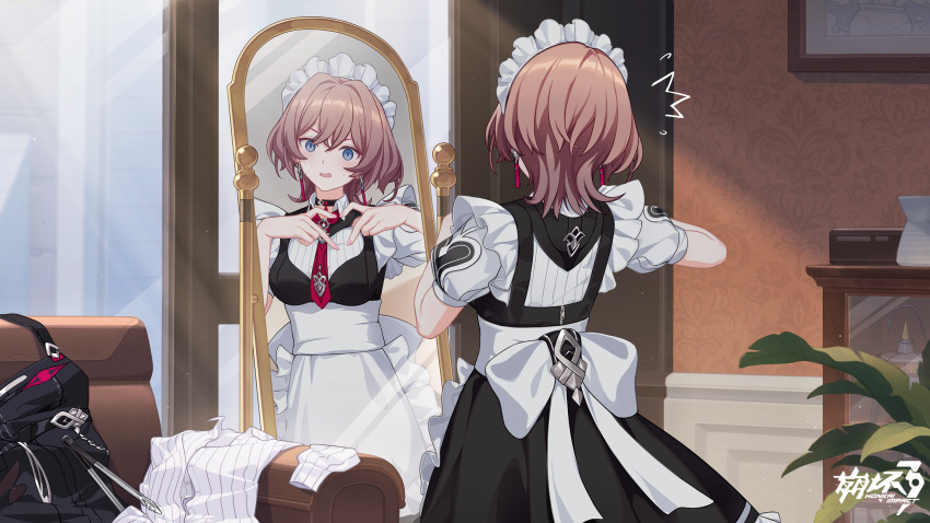 1girl, apron, bad_link, bandages, black_choker, bow, brown_hair, choker