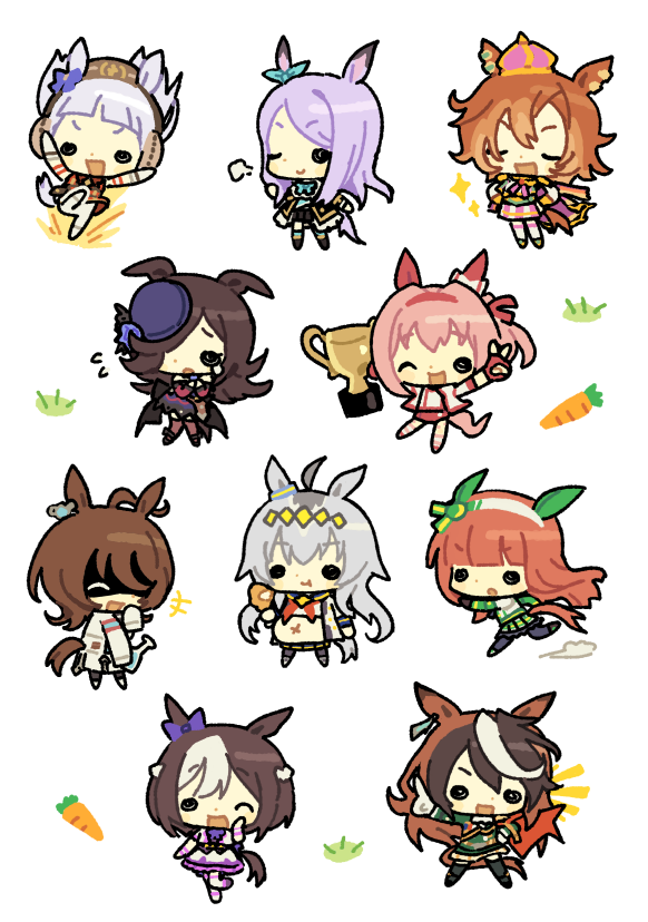 6+girls, :t, agnes_tachyon_(umamusume), animal_ears, armband, beaker, blunt_bangs, bow