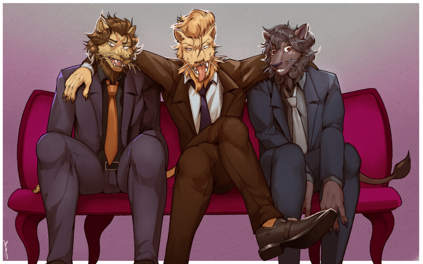 3boys, agata_(beastars), bad_link, beastars, crossed_legs, dolph_(beastars), formal_clothes, free_(beastars)
