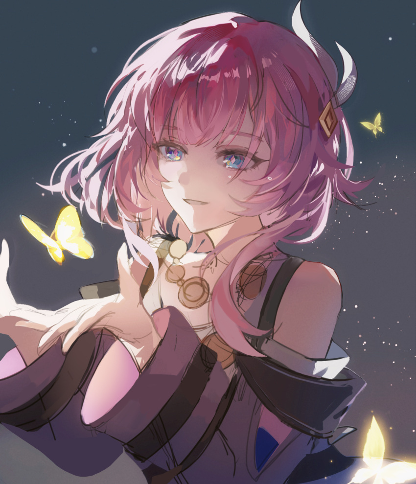 1girl, bare_shoulders, blue_eyes, bug, butterfly, chinese_commentary, coat, commentary_request, cyrene_(aedes_elysiae)_(honkai:_star_rail), cyrene_(honkai:_star_rail), dongfangyuechu701, hair_ornament, highres, honkai:_star_rail, honkai_(series), jewelry, medium_hair, multicolored_hair, necklace, night, night_sky, parted_lips, pink_hair, pink_pupils, purple_coat, sky, solo, star_(sky), starry_sky, two-tone_hair, upper_body, white_hair