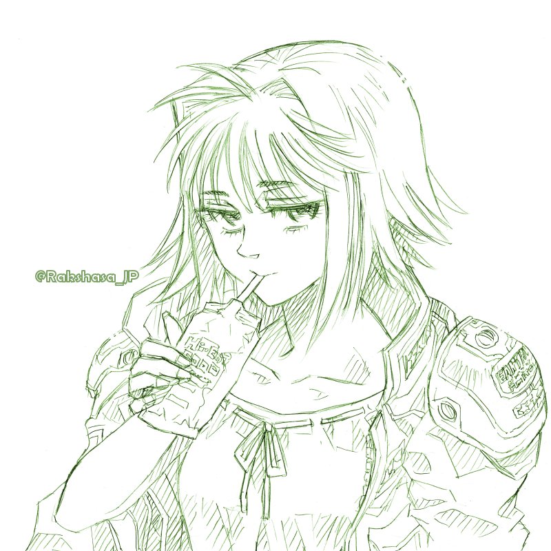 1girl, collarbone, drinking, eating, hair_intakes, jacket, looking_at_viewer, monochrome