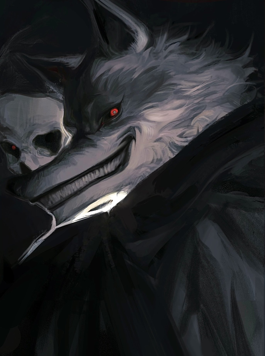 2boys, black_cloak, black_robe, cloak, death_(entity), death_(puss_in_boots), evil_grin, evil_smile