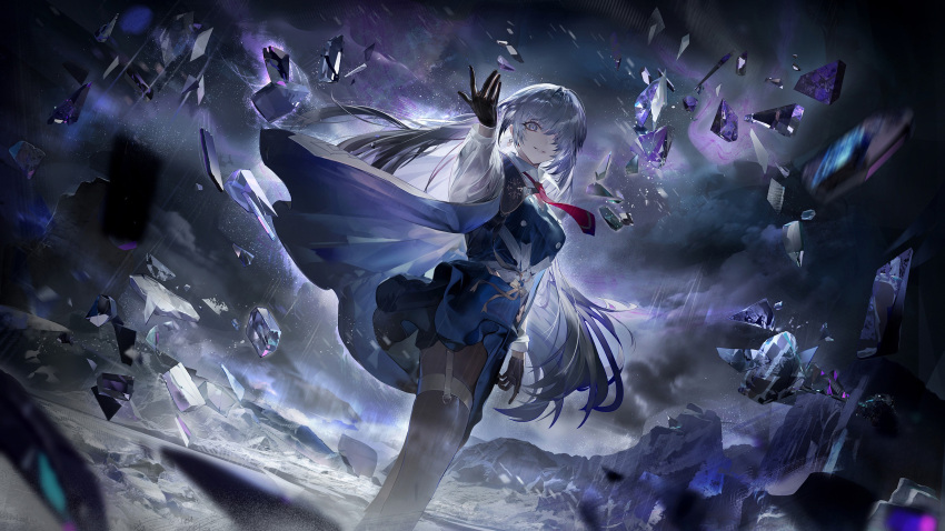 1girl, arcaea, artist_request, black_gloves, black_pantyhose, black_skirt, bow, collared_shirt, cowboy_shot, earrings, floating, floating_clothes, floating_hair, floating_object, game_cg, garter_straps, glass, gloves, hair_over_one_eye, highres, insight_(arcaea), jewelry, light_smile, long_sleeves, necktie, non-web_source, pantyhose, parted_lips, red_necktie, shirt, single_shoulder_pad, skirt, smile, solo, thigh_strap, violet_eyes, white_hair, white_shirt, yellow_bow