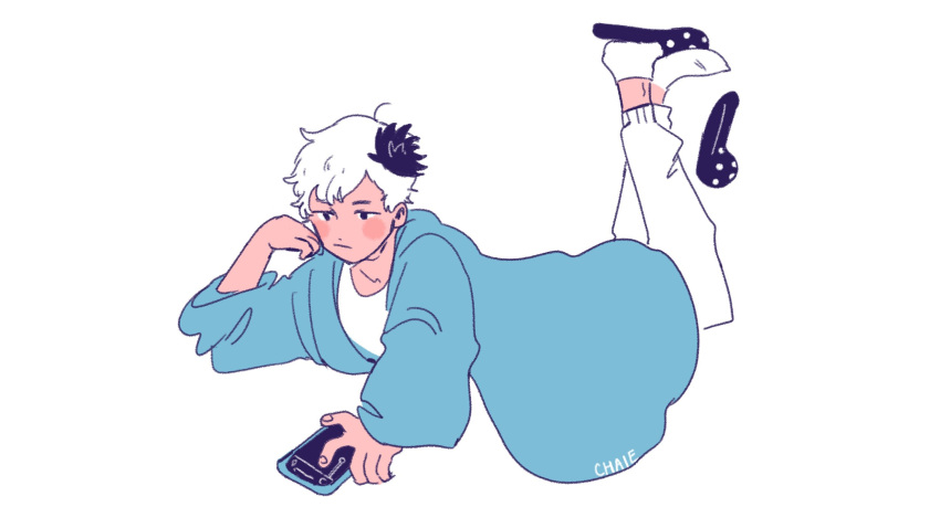 1girl, artist_name, black_flower, black_slippers, blue_jacket, blush, blush_stickers, casual