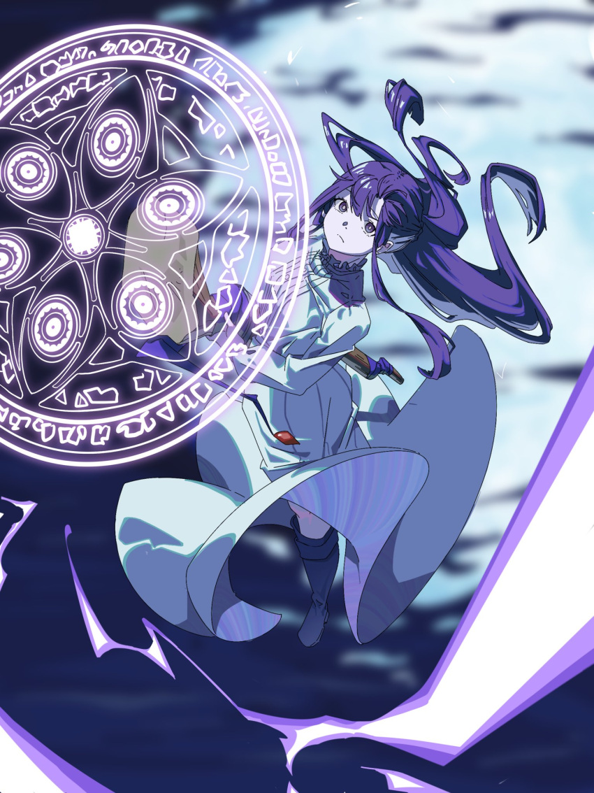 1girl, blunt_bangs, blurry, blurry_background, boots, closed_mouth, dress, expressionless